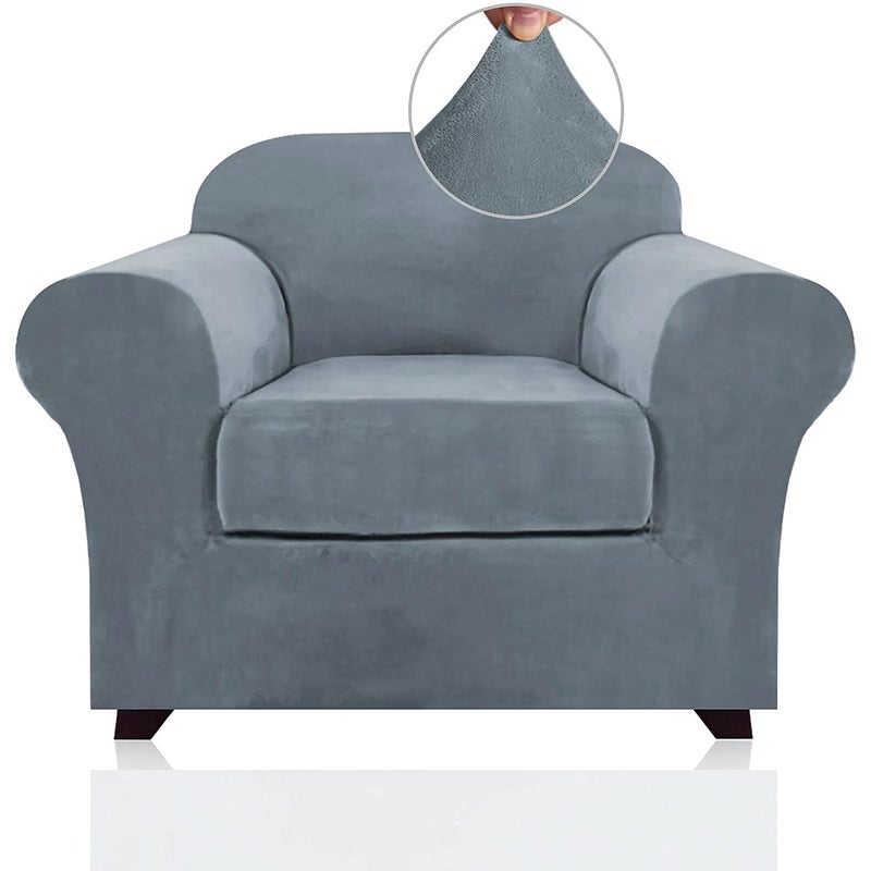 PrinceDeco Velvet Plush Couch Cover Stretch 2 Piece Chair Cover Chair Slipcover Washable Furniture Protector Couch Soft with Elastic Bottom Armchair Cover Width Up to 49 Inch(Small,Stone Blue) - Image 1